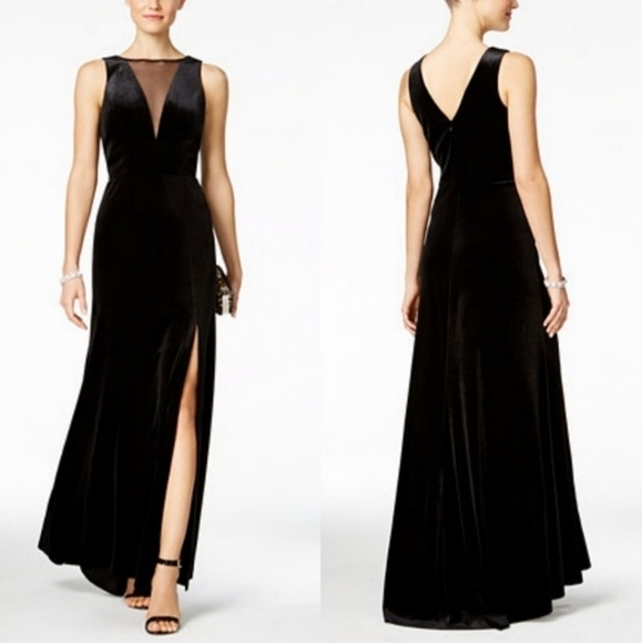 Nightway Women’s 4 Long Maxi Black Velvet Dress Side Slit Mesh Front LBD EUC - Picture 1 of 8